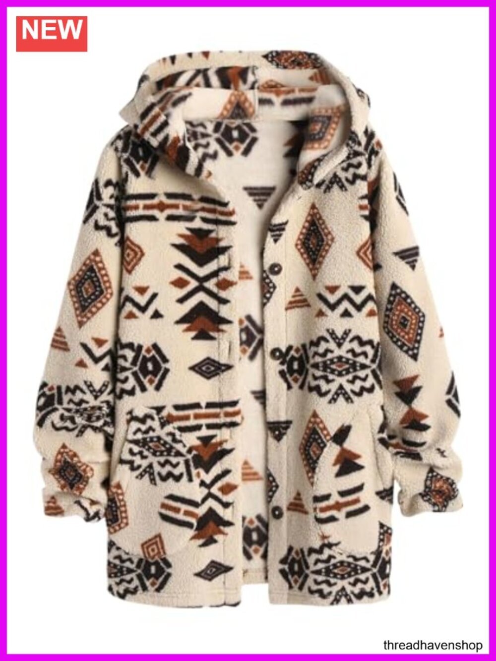 Womens Aztec Print Fleece Hoodie Jacket Button Down Shacket Sherpa Coat with
